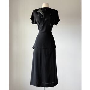Vintage 1940s Black Beaded Music Notes Novelty Dress by Apex LARGE LG